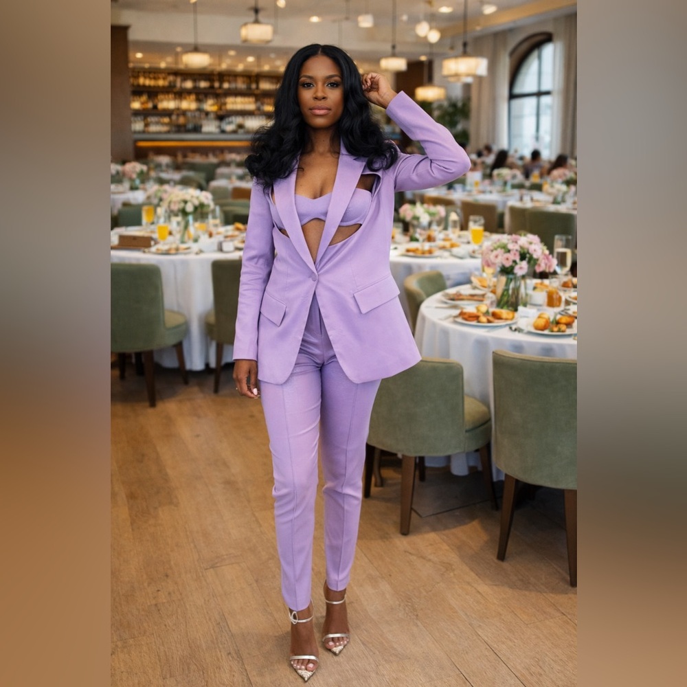 Purple Cutout Blazer & High-Waist Pantsuit Set